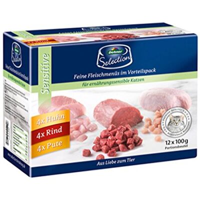 Dehner Premium Sensitive Kattenvoer, multipack, natvoer, voor voedingsgevoelige katten, elk 4 x kip/rund/kalkoen, 12 x 100 g zakjes (1,2 kg) Dehner Premium Sensitive Kattenvoer, multipack, natvoer, voor voedingsgevoelige katten, elk 4 x kip/rund/kalkoen, 12 x 100 g zakjes (1,2 kg)