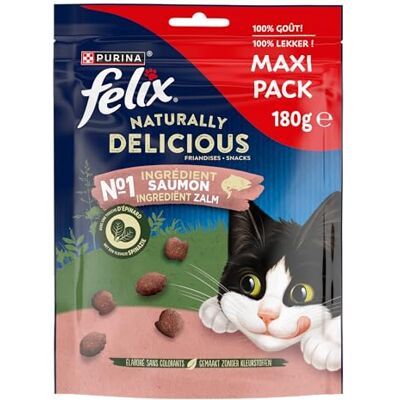 Felix NATURALLY DELICIOUS Snacks voor volwassen katten Zalm traktaties aanvullende voeding rijk aan eiwitten en vitaminen omega 6 verse zakjes 6 x 180 g Felix NATURALLY DELICIOUS Snacks voor volwassen katten Zalm traktaties aanvullende voeding rijk aan eiwitten en vitaminen omega 6 verse zakjes 6 x 180 g