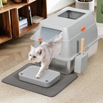BAKAJI XXL kattenbak met basis van roestvrij staal 35 liter en transparante afsluitbare deur, zandbak, schep met houder en vuilmat 40 x 60 x 39 cm BAKAJI XXL kattenbak met basis van roestvrij staal 35 liter en transparante afsluitbare deur, zandbak, schep met houder en vuilmat 40 x 60 x 39 cm