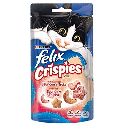 Felix Purina Crispies, Snack, Kattenprijs met Zalm en Forel, 8 zakjes à 45 g Traktatie voor katten met zalm en forel aanvullend voer voor katten Felix Purina Crispies, Snack, Kattenprijs met Zalm en Forel, 8 zakjes à 45 g Traktatie voor katten met zalm en forel aanvullend voer voor katten