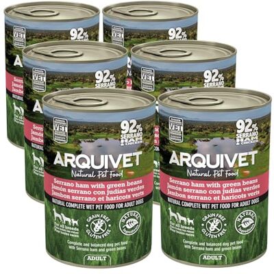 Arquivet paté van serrano-ham en groene bonen, 6 x 400 g paté in blikjes voor honden alle rassen natuurlijk nat voer Arquivet paté van serrano-ham en groene bonen, 6 x 400 g paté in blikjes voor honden alle rassen natuurlijk nat voer