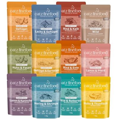 Catz finefood Classic Collection Mix-pakket kattenvoer nat fijn voedsel natvoer voor je kat zonder granen en suiker met een hoog vleesgehalte, 24 x 85 g zak Catz finefood Classic Collection Mix-pakket kattenvoer nat fijn voedsel natvoer voor je kat zonder granen en suiker met een hoog vleesgehalte, 24 x 85 g zak