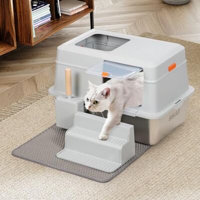 BAKAJI XXL kattenbak met roestvrijstalen basis, 35 liter en zandbestendige ladder, transparante deur met vergrendeling, schep met bak, vuilmat 60 x 40 x 39 cm BAKAJI XXL kattenbak met roestvrijstalen basis, 35 liter en zandbestendige ladder, transparante deur met vergrendeling, schep met bak, vuilmat 60 x 40 x 39 cm