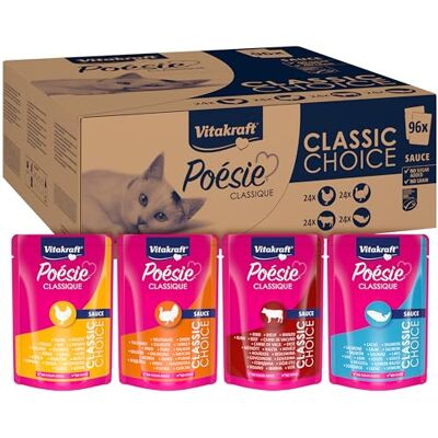 Vitakraft Poésie Classique, Natte kattenvoer, grote verpakking met 96 zakken, kip, met kalkoen, met rundvlees, met zalm met MCC-zegel, zonder toegevoegde suiker en granen (1 pakket van 96 x 85 g) Vitakraft Poésie Classique, Natte kattenvoer, grote verpakking met 96 zakken, kip, met kalkoen, met rundvlees, met zalm met MCC-zegel, zonder toegevoegde suiker en granen (1 pakket van 96 x 85 g)