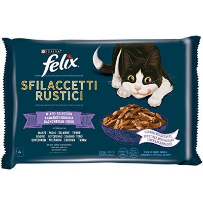 Felix Purina Rustiek natvoer voor katten met rundvlees, kip, tonijn en zalm, 48 zakjes à 80 g Zachte filets van gelei met rundvlees, kip, tonijn en zalm voor volwassen katten Felix Purina Rustiek natvoer voor katten met rundvlees, kip, tonijn en zalm, 48 zakjes à 80 g Zachte filets van gelei met rundvlees, kip, tonijn en zalm voor volwassen katten