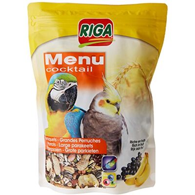 Riga Menu Cocktail lekkernijen voor grote parkieten en papegaaien korrelmengsel, rijk aan vruchten vitaminecontrule energierijk & uitgebalanceerd voer Doypack 500 g Riga Menu Cocktail lekkernijen voor grote parkieten en papegaaien korrelmengsel, rijk aan vruchten vitaminecontrule energierijk & uitgebalanceerd voer Doypack 500 g