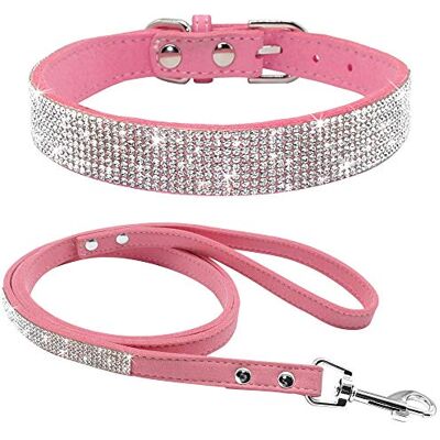 haoyueer Schattig, oogverblindend, sprankelend, elegant, chique, zacht suède, bling strass kristal, juwelen huisdier/kat/hond/puppy halsband, hondenriem, combo set (M, roze) haoyueer Schattig, oogverblindend, sprankelend, elegant, chique, zacht suède, bling strass kristal, juwelen huisdier/kat/hond/puppy halsband, hondenriem, combo set (M, roze)