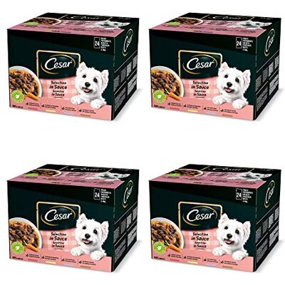 Cesar Keuze uit saus, natvoer voor honden, verschillende smaken met vlees en groenten, 96 zakjes à 100 g, in totaal 9,6 kg Cesar Keuze uit saus, natvoer voor honden, verschillende smaken met vlees en groenten, 96 zakjes à 100 g, in totaal 9,6 kg
