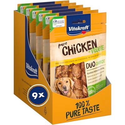 Vitakraft Pure Kip Veggie, Hondensnacks, Sticks met kip en wortel, traktaties voor hondentraining, zonder toegevoegde suiker (9x 80g) Vitakraft Pure Kip Veggie, Hondensnacks, Sticks met kip en wortel, traktaties voor hondentraining, zonder toegevoegde suiker (9x 80g)