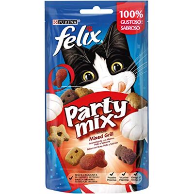 Felix Purina Party Mix Kattensnack Mixed Grill met rundvlees, kip en zalm, 8 verpakkingen à 60 g Croccantini met rundvlees, kip en zalm, aanvullend voer voor katten Felix Purina Party Mix Kattensnack Mixed Grill met rundvlees, kip en zalm, 8 verpakkingen à 60 g Croccantini met rundvlees, kip en zalm, aanvullend voer voor katten