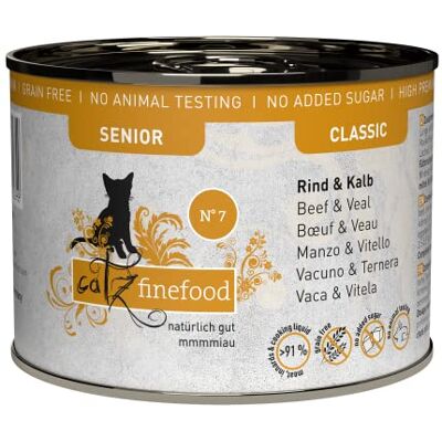 Catz finefood Senior N°07 Kattenvoer voor rund- en kalf, nat premium natvoer voor je senior kat graanvrij, zonder suiker, hoog vleesgehalte, vitaminen en mineralen (blikje van 6 x 200 g) Catz finefood Senior N°07 Kattenvoer voor rund- en kalf, nat premium natvoer voor je senior kat graanvrij, zonder suiker, hoog vleesgehalte, vitaminen en mineralen (blikje van 6 x 200 g)