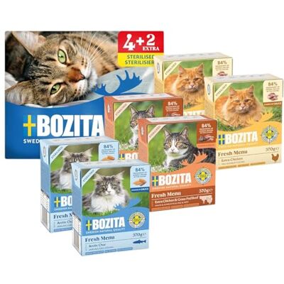 Bozita Tetra Probeerpakket in saus met veel kip, saibling en met veel kip en rundvlees in gelei, 4+2-6 x 370 g, graan- en suikervrij voer voor gesteriliseerde katten, met 7,5% eiwit en 5% vetgehalte Bozita Tetra Probeerpakket in saus met veel kip, saibling en met veel kip en rundvlees in gelei, 4+2-6 x 370 g, graan- en suikervrij voer voor gesteriliseerde katten, met 7,5% eiwit en 5% vetgehalte