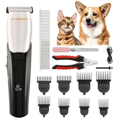 BARBERBOSS hondentondeuse met 8 opzetkammen, slank ontwerp met 4 snelheidsinstellingen, 100% waterdicht, R-vormige keramische kop, LED-display, snoerloze tondeuse voor honden en katten, QR-9083 BARBERBOSS hondentondeuse met 8 opzetkammen, slank ontwerp met 4 snelheidsinstellingen, 100% waterdicht, R-vormige keramische kop, LED-display, snoerloze tondeuse voor honden en katten, QR-9083