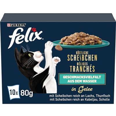 Felix Heerlijke plakjes kattenvoer nat in gelei, smaakdiversiteit uit het water, 6 stuks (6 x 10 zakjes à 80 g) Kattenvoer nat in gelei, smaakdiversiteit uit het water Felix Heerlijke plakjes kattenvoer nat in gelei, smaakdiversiteit uit het water, 6 stuks (6 x 10 zakjes à 80 g) Kattenvoer nat in gelei, smaakdiversiteit uit het water