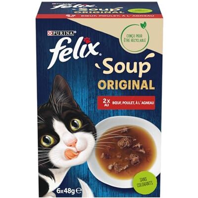 Felix Originele soep Soepen in zakjes voor volwassen katten Natvoer Rundvlees, Kip en Lam Verse zak Set van 8 (6 x 48 g) Felix Originele soep Soepen in zakjes voor volwassen katten Natvoer Rundvlees, Kip en Lam Verse zak Set van 8 (6 x 48 g)