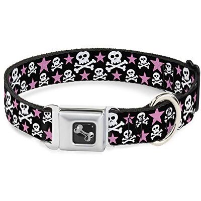 Buckle-Down Seatbelt gesp hond kraag schedels & sterren zwart/wit/roze, 1" Wide Fits 15-26" Neck Large, Skulls Buckle-Down Seatbelt gesp hond kraag schedels & sterren zwart/wit/roze, 1" Wide Fits 15-26" Neck Large, Skulls