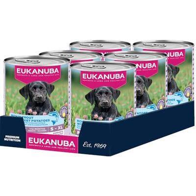 Eukanuba Puppyvoer Nat met forel en zoete aardappelen, granenvrij premium natvoer voor junior honden, 6 x 400 g blikken Eukanuba Puppyvoer Nat met forel en zoete aardappelen, granenvrij premium natvoer voor junior honden, 6 x 400 g blikken