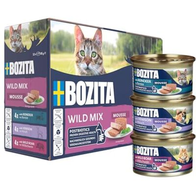 Bozita Mousse WILD Mix 12 x 85 g natvoer voor gourmet katten in kleine doses met postbiotica ter ondersteuning van een gezonde darmflora met rendier, hert en wild zwijn compleet voer Bozita Mousse WILD Mix 12 x 85 g natvoer voor gourmet katten in kleine doses met postbiotica ter ondersteuning van een gezonde darmflora met rendier, hert en wild zwijn compleet voer