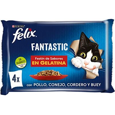 Felix Fantastisch natvoer voor volwassen katten, gelei, assortiment met kip, konijn, lam en os, 12 verpakkingen met 4 enveloppen à 85 g (48 enveloppen) Felix Fantastisch natvoer voor volwassen katten, gelei, assortiment met kip, konijn, lam en os, 12 verpakkingen met 4 enveloppen à 85 g (48 enveloppen)