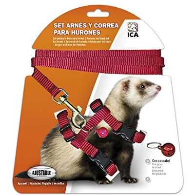 ICA DA970 Set met harnas en riem voor fretten, rood ICA DA970 Set met harnas en riem voor fretten, rood