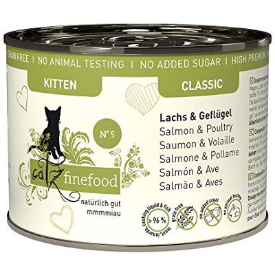 Catz finefood Kitten N 5 zalm en gevogelte kattenvoer nat delicatessen kitten natvoer voor jonge katten zonder granen en suiker met een hoog vleesgehalte, 6 x 200 g blikjes Catz finefood Kitten N 5 zalm en gevogelte kattenvoer nat delicatessen kitten natvoer voor jonge katten zonder granen en suiker met een hoog vleesgehalte, 6 x 200 g blikjes