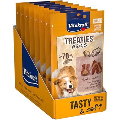 Vitakraft Treaties Minis, Hondensnacks, zachte hondensnack gevuld met leverworst, traktaties voor hondentraining, Geen toegevoegde suiker (8x 48g) Vitakraft Treaties Minis, Hondensnacks, zachte hondensnack gevuld met leverworst, traktaties voor hondentraining, Geen toegevoegde suiker (8x 48g)