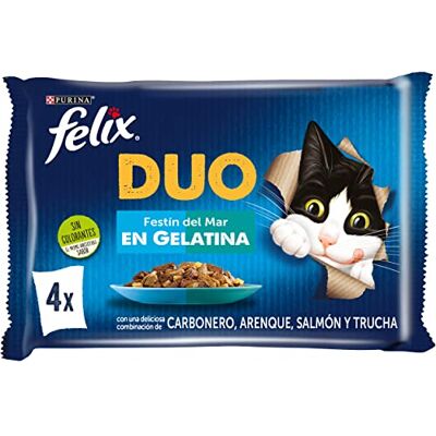 Felix Duo, natvoer voor volwassen katten, gelei, assortiment, kool, haring, zalm en forel, 12 verpakkingen met 4 zakjes à 85 g (48 enveloppen) Felix Duo, natvoer voor volwassen katten, gelei, assortiment, kool, haring, zalm en forel, 12 verpakkingen met 4 zakjes à 85 g (48 enveloppen)