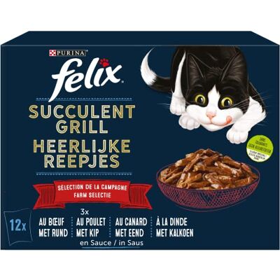 Felix Grill voor volwassen katten, sappig met rund/kip/eend/kalkoen in saus, 72 zakken, 12 x 80 g (6 stuks) Felix Grill voor volwassen katten, sappig met rund/kip/eend/kalkoen in saus, 72 zakken, 12 x 80 g (6 stuks)