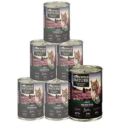 Dehner Wild Nature Kattenvoer voor volwassenen, Heidetal, konijnen/kip, 6 x 400 g (2,4 kg) Dehner Wild Nature Kattenvoer voor volwassenen, Heidetal, konijnen/kip, 6 x 400 g (2,4 kg)