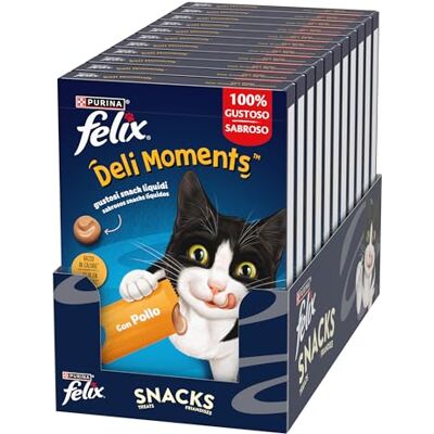 Felix Deli Moments Vloeibare snacks voor volwassen katten met kip, 44 verpakkingen à 10 g Felix Deli Moments Vloeibare snacks voor volwassen katten met kip, 44 verpakkingen à 10 g