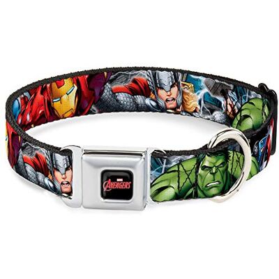 Buckle-Down Veiligheidsgordelgesp hondenhalsband Marvel Avengers 4-superheld houdingen CLOSE-UP 1" breed past op 11-17" nek Medium Buckle-Down Veiligheidsgordelgesp hondenhalsband Marvel Avengers 4-superheld houdingen CLOSE-UP 1" breed past op 11-17" nek Medium