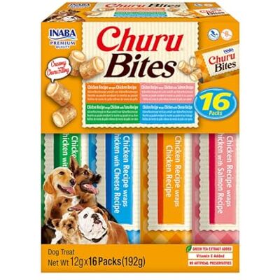 INABA Churu Bites by Hondensnoepje, kipvariatiedoos, 1 verpakking (16 x 12 g) / knapperige zakjes met romige vulling, heerlijke en gezonde snack voor honden, trainingstraktatie, natuurlijk, graanvrij INABA Churu Bites by Hondensnoepje, kipvariatiedoos, 1 verpakking (16 x 12 g) / knapperige zakjes met romige vulling, heerlijke en gezonde snack voor honden, trainingstraktatie, natuurlijk, graanvrij