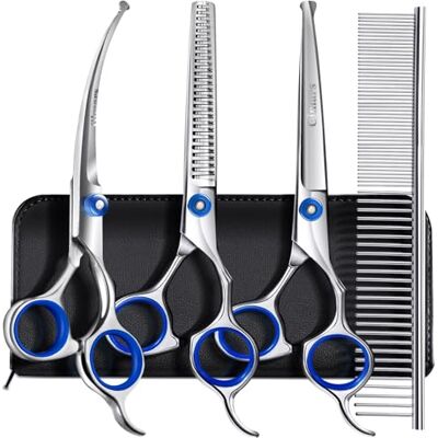 Gimars Heavy Duty roestvrij staal Titanium gecoate Pet Grooming schaar Set dunner, recht, gebogen scharen met kammen Perfecte trimset voor lang en kort haar, jas, bont voor alle honden en kat Gimars Heavy Duty roestvrij staal Titanium gecoate Pet Grooming schaar Set dunner, recht, gebogen scharen met kammen Perfecte trimset voor lang en kort haar, jas, bont voor alle honden en kat