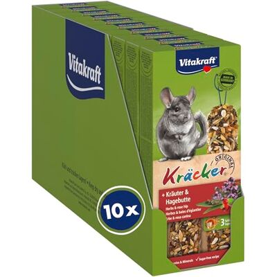 Vitakraft Kräcker, Knabbelstaafjes, Knaagdier snack, voor chinchilla's, voor gebitsverzorging, met kruiden, met rozenbottel, geen suiker en granen toegevoegd (10x 112g) Vitakraft Kräcker, Knabbelstaafjes, Knaagdier snack, voor chinchilla's, voor gebitsverzorging, met kruiden, met rozenbottel, geen suiker en granen toegevoegd (10x 112g)