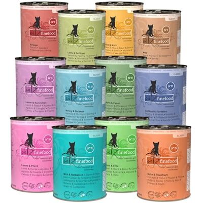 Catz finefood Classic Collection Kattenvoer, nat, XXL Mix-pakket, Gourmet natvoer voor je kat zonder suiker en granen, glutenvrij, met een hoog vleesgehalte, Made in Germany (12 x 400 g blikjes) Catz finefood Classic Collection Kattenvoer, nat, XXL Mix-pakket, Gourmet natvoer voor je kat zonder suiker en granen, glutenvrij, met een hoog vleesgehalte, Made in Germany (12 x 400 g blikjes)