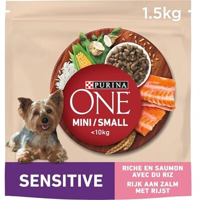 Gourmet Purina One Mini Delicate, zalm, met rijst, 1,5 kg, droogvoer voor kleine honden, met gevoelige spijsvertering, 1 x 1.5kg Gourmet Purina One Mini Delicate, zalm, met rijst, 1,5 kg, droogvoer voor kleine honden, met gevoelige spijsvertering, 1 x 1.5kg