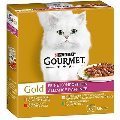 Gourmet Gold Luxe mix Kattenvoer, Natvoer met Rund en Kip, Eend en Kalkoen, Konijn en Lever, Zeevis in Saus met Spinazie 8x85g doos van 12 (96 blikjes; 8,16kg) Kattenvoer nat, rassenmix Gourmet Gold Luxe mix Kattenvoer, Natvoer met Rund en Kip, Eend en Kalkoen, Konijn en Lever, Zeevis in Saus met Spinazie 8x85g doos van 12 (96 blikjes; 8,16kg) Kattenvoer nat, rassenmix