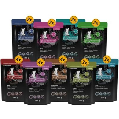 Catz finefood Purrrrr Collection Kattenvoer nat XXL mix-pakket Gourmet natvoer voor je kat zonder suiker en granen, glutenvrij en monoproteïne met een hoog vleesgehalte (zak van 24 x 85 g) Catz finefood Purrrrr Collection Kattenvoer nat XXL mix-pakket Gourmet natvoer voor je kat zonder suiker en granen, glutenvrij en monoproteïne met een hoog vleesgehalte (zak van 24 x 85 g)