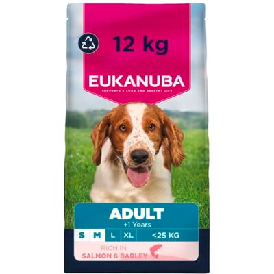 Eukanuba Hondenvoer Droog met zalm & gerst voor kleine en middelgrote rassen – premium droogvoer voor volwassen honden, 12 kg Premium droogvoer voor volwassen honden Eukanuba Hondenvoer Droog met zalm & gerst voor kleine en middelgrote rassen – premium droogvoer voor volwassen honden, 12 kg Premium droogvoer voor volwassen honden