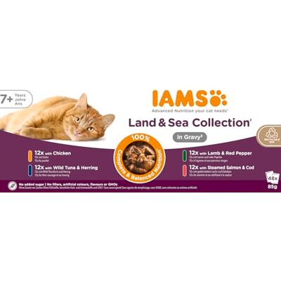 IAMS Advanced Nutrition Land & Sea Collection 7+Years natvoer in saus (zakjes) voor katten, 48 x 85 g IAMS Advanced Nutrition Land & Sea Collection 7+Years natvoer in saus (zakjes) voor katten, 48 x 85 g