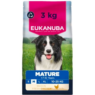 Eukanuba Hondenvoer Droog met verse kip voor middelgrote rassen, premium droogvoer voor wat oudere honden, 3 kg Eukanuba Hondenvoer Droog met verse kip voor middelgrote rassen, premium droogvoer voor wat oudere honden, 3 kg