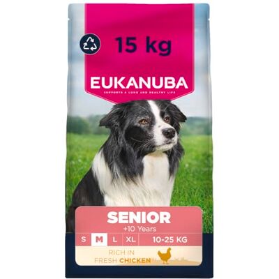 Eukanuba Senior Hondenvoer met verse kip voor middelgrote rassen, premium droogvoer voor oudere honden, 15 kg Eukanuba Senior Hondenvoer met verse kip voor middelgrote rassen, premium droogvoer voor oudere honden, 15 kg