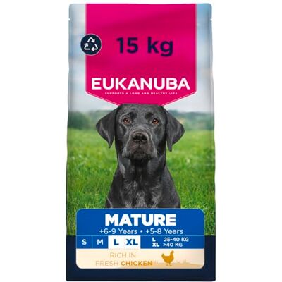 Eukanuba Hondenvoer Droog met verse kip voor grote rassen, premium droogvoer voor wat oudere honden, 15 kg Eukanuba Hondenvoer Droog met verse kip voor grote rassen, premium droogvoer voor wat oudere honden, 15 kg