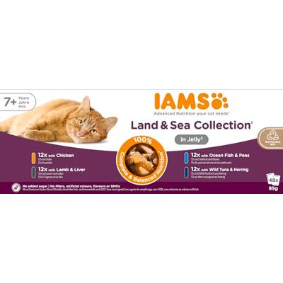 IAMS Advanced Nutrition Land & Sea Collection 7+Years natvoer in gelei (zakjes) voor katten, 48 x 85 g IAMS Advanced Nutrition Land & Sea Collection 7+Years natvoer in gelei (zakjes) voor katten, 48 x 85 g