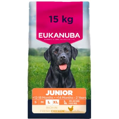Eukanuba Junior Hondenvoer Droog met verse kip voor grote rassen, premium droogvoer voor honden in de groei, 15 kg Eukanuba Junior Hondenvoer Droog met verse kip voor grote rassen, premium droogvoer voor honden in de groei, 15 kg