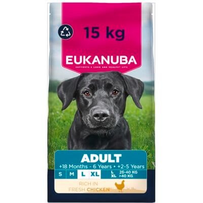 Eukanuba Hondenvoer Droog met verse kip voor grote rassen, premium droogvoer voor volwassen honden, 15 kg Eukanuba Hondenvoer Droog met verse kip voor grote rassen, premium droogvoer voor volwassen honden, 15 kg