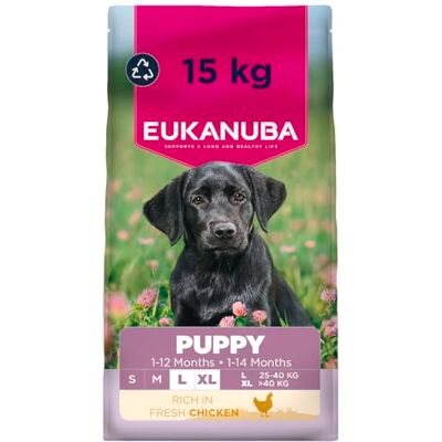 Eukanuba Puppyvoer met verse kip voor grote rassen, premium droogvoer voor junior honden, 15 kg Eukanuba Puppyvoer met verse kip voor grote rassen, premium droogvoer voor junior honden, 15 kg