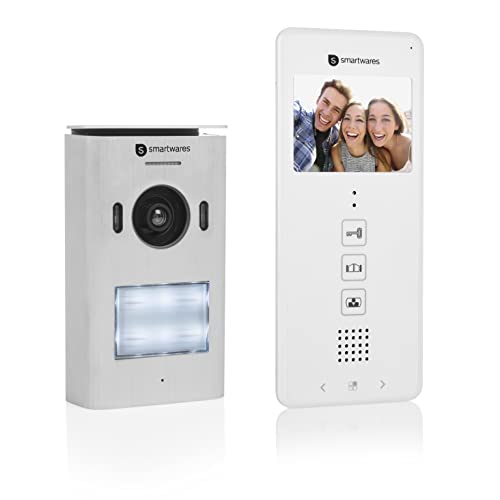 Smartwares DIC-22122 Video Intercom Systeem, 480p, 3,5” (8,9 cm) LCD scherm, 15° Pan/tilt camera, 12 melodieën, Set voor 2 appartementen, Zilver/Wit