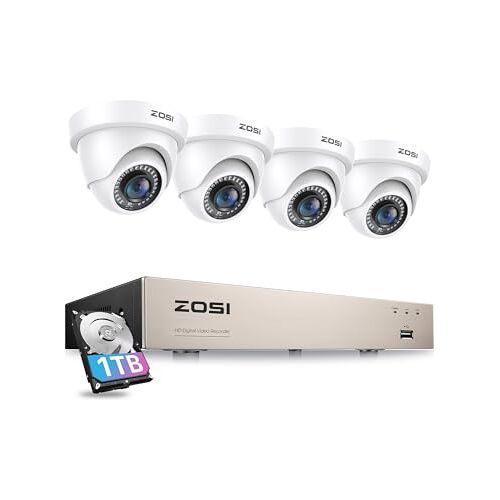 ZOSI Full HD 1080P Video Bewakingssysteem voor Buiten 8CH H.265+ DVR Recorder met 1TB Harde Schijf en 4x 2MP 1080P Dome Bewakingscamera Set 24m IR Nachtzicht