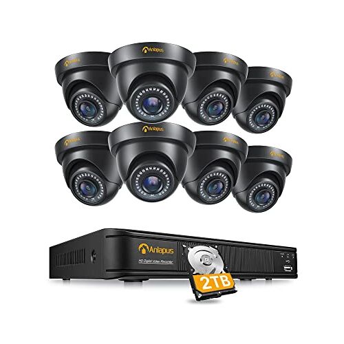 Anlapus 1080P Buiten CCTV Bewakingscamera Set met 2TB Harde Schijf 8CH 1080P TVI DVR met 8X 2MP Dome Camera voor Videobewaking Thuis80P TVI DVR met 8X 2MP dome camera voor Huis Videobewaking